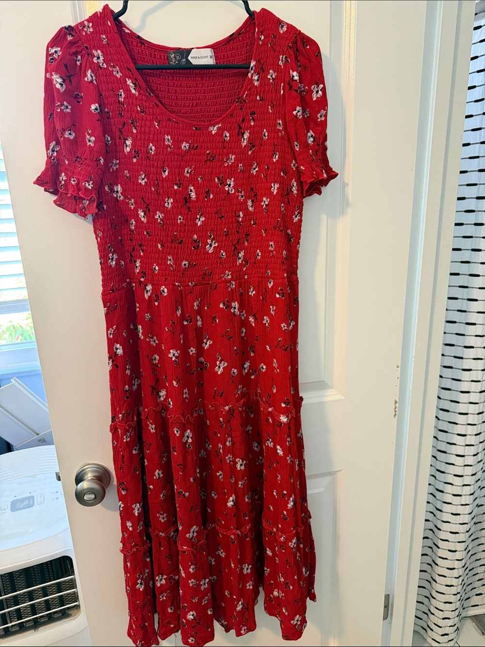 Red Floral Smocked Midi Dress with Short Ruffled Sleeves